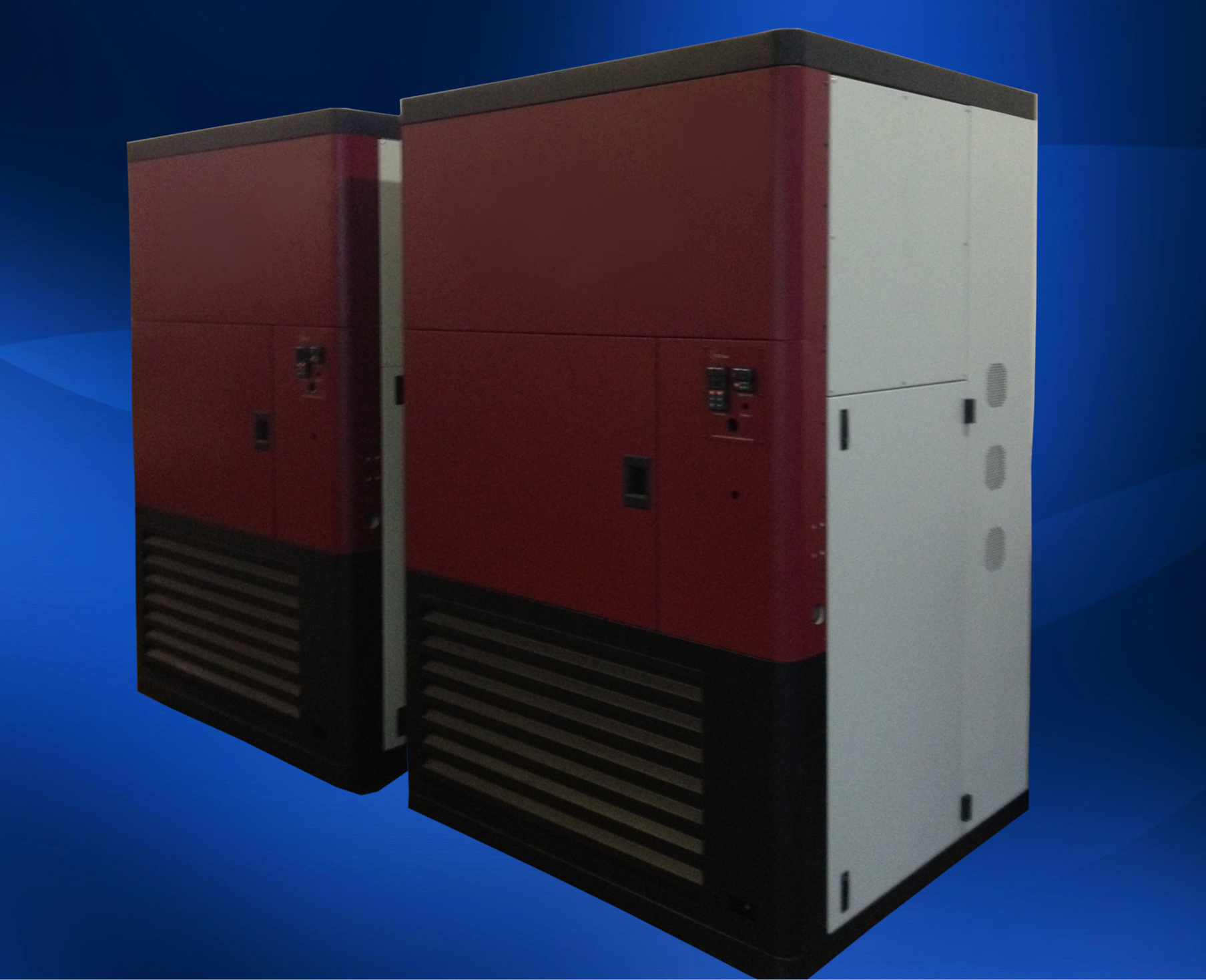Dual Custom Environmental Test Chambers Two custom-built environmental test chambers with a red and gray exterior, designed for precision and reliability in controlled temperature and humidity testing.